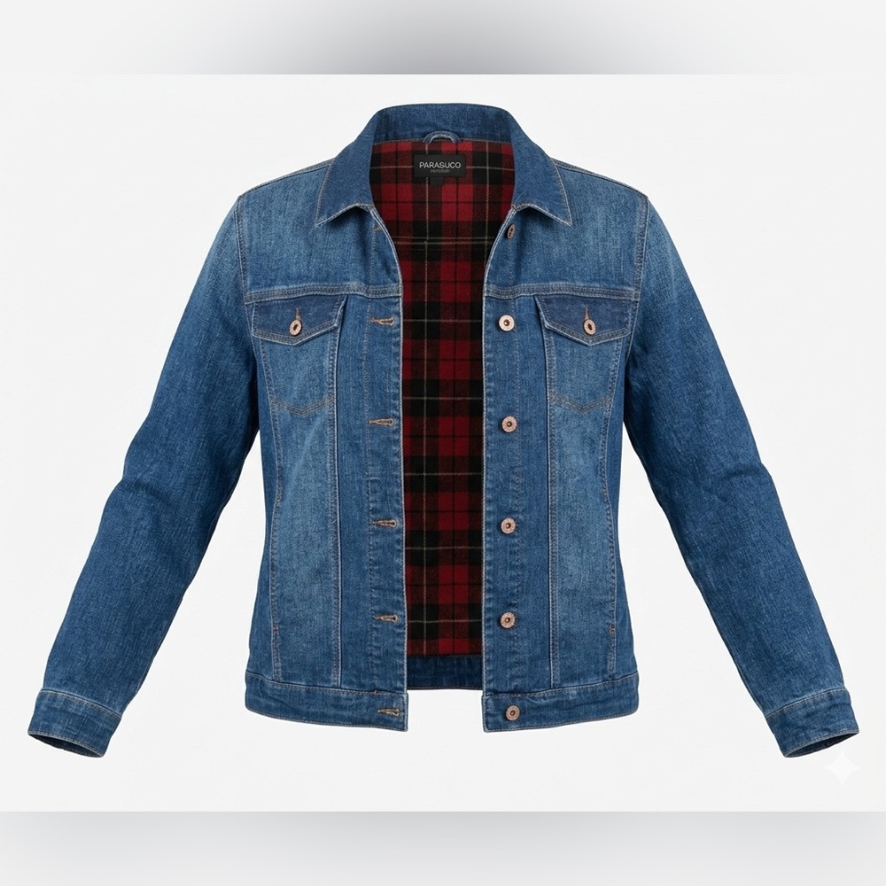Parasuco Jeans Denim Jacket Red Black Plaid Lined Double Fleece lining Size L